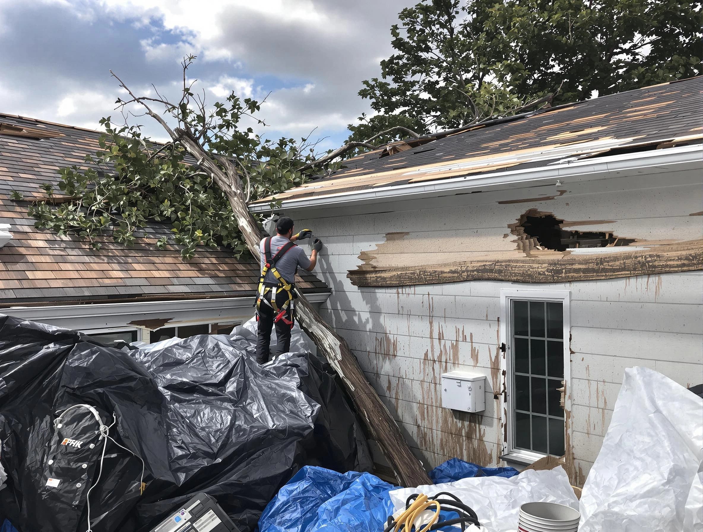 Tallmadge Roofing Company technicians handling urgent roof damage in Tallmadge, OH