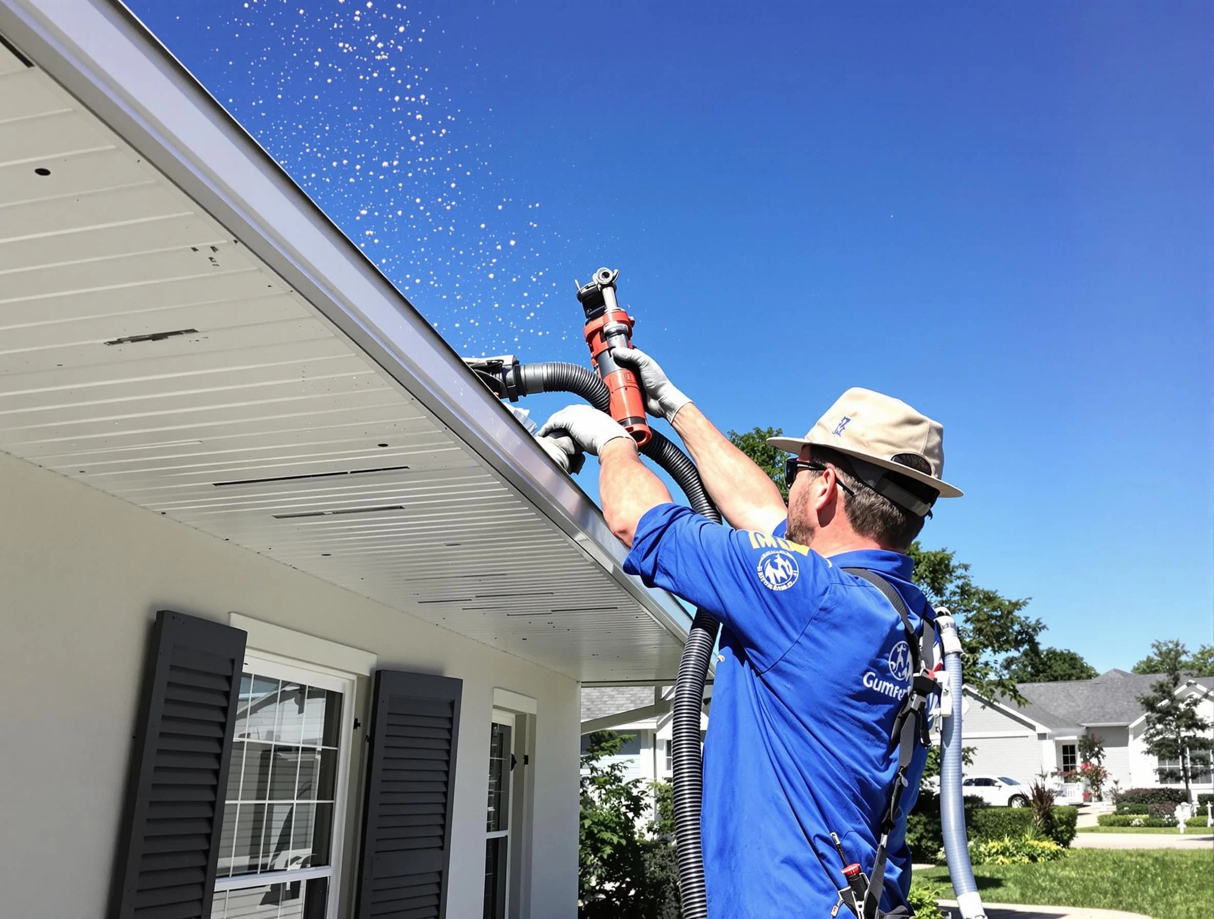 Technician completing a gutter cleaning project by Tallmadge Roofing Company in Tallmadge, OH