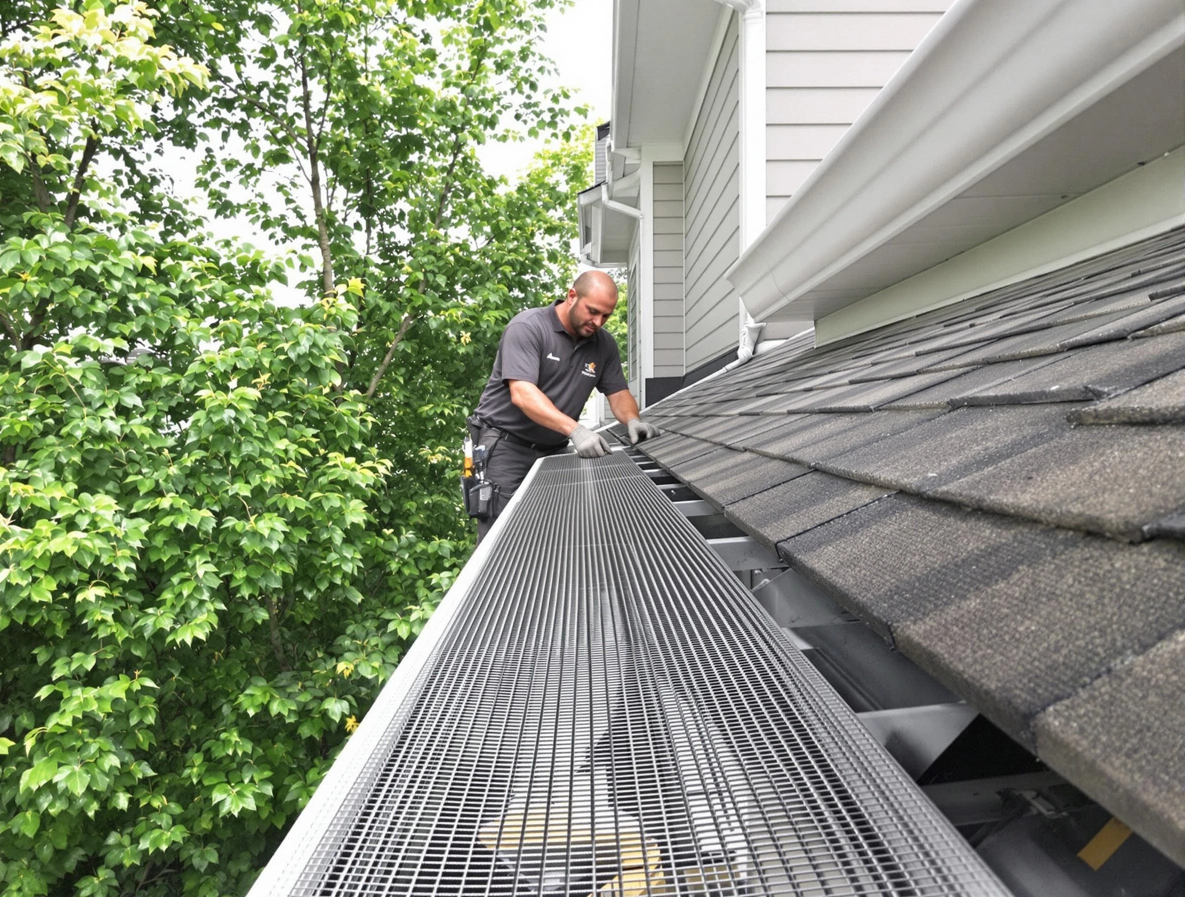 Close-up of gutter guards installed by Tallmadge Roofing Company in Tallmadge, OH